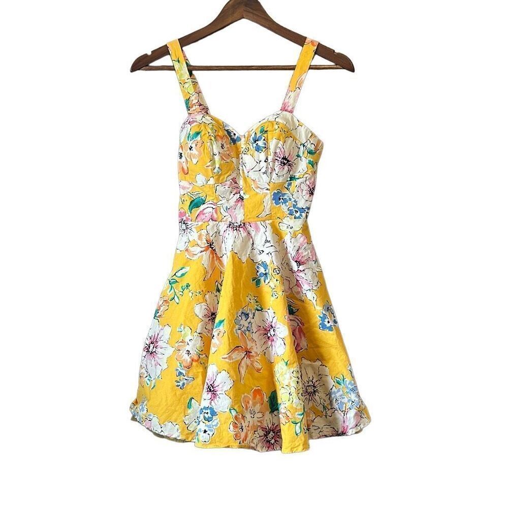 Floral Print Fit and Flare Dress Yellow Sleeveless Sundress Party‎